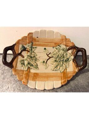 Vintage Majolica Two Handled Serving Tray /Basket Weave With  Leaves  # 3356